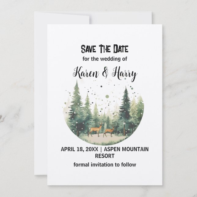 Holiday Mountain Snow Deer Pine Tree Save the Date Einladung (Vorderseite)