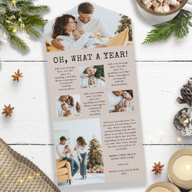 Holiday Newsletter Trifold-Karte All In One Einladung (Oh, What A Year Christmas New Year Holiday Newsletter Card - Tan and Black)