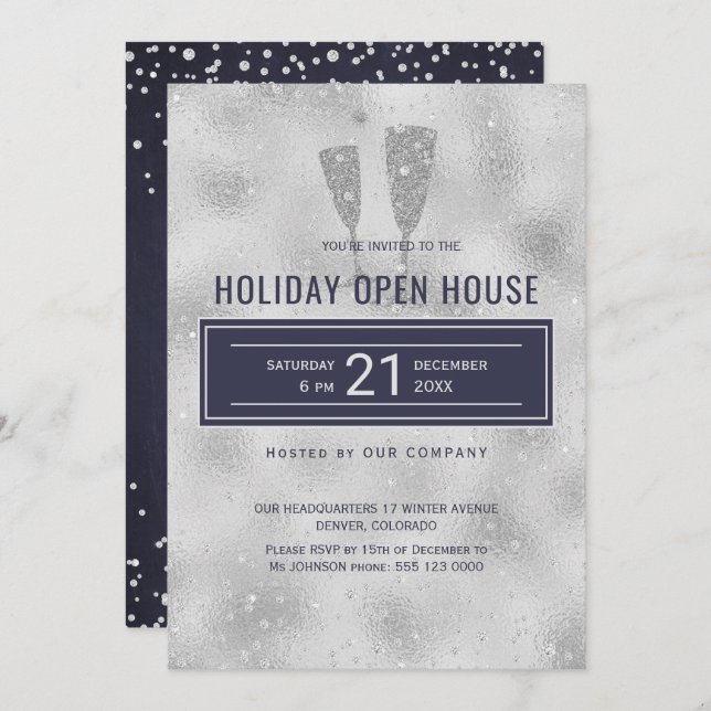 Holiday Open House Elegante Silver Navy Corporate Einladung (Vorne/Hinten)