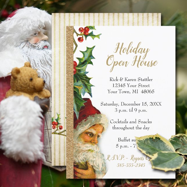 Holiday Open House Gold Glitzer Santa Holly 12x18 Einladung (Festive Holiday Open House invitation with vintage Santa and faux gold glitter.)