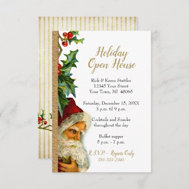 Holiday Open House Gold Glitzer Santa Holly Einladung (Vorne/Hinten)