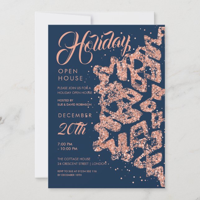 Holiday Open House Rose Gold Glitzer Navy Einladung (Vorderseite)