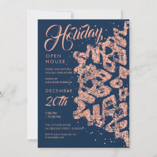 Holiday Open House Rose Gold Glitzer Navy Einladung