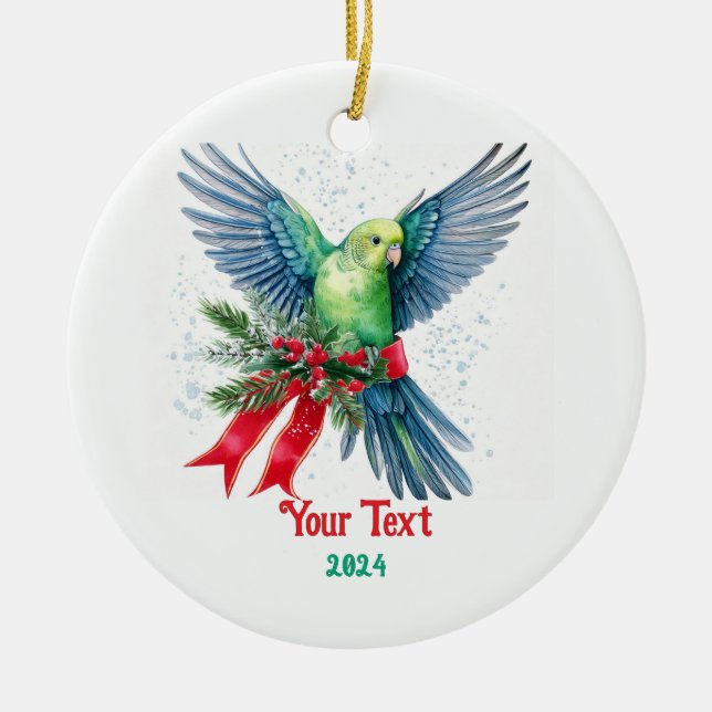 Holiday Parakeet und Red Christmas Ribbon Keramik Ornament (Vorne)
