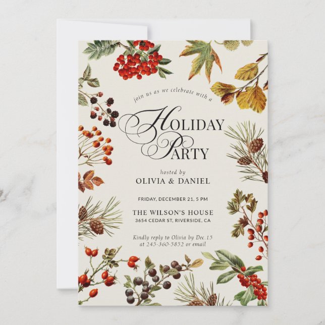 Holiday Party Botanical Plants Berries Script Einladung (Vorderseite)