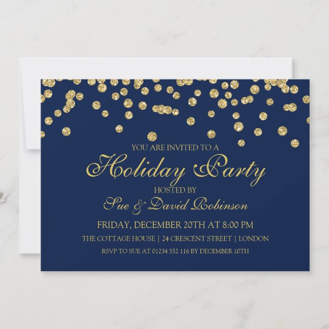 Holiday Party Gold Glitzer Confetti Navy Blue Einladung (Vorderseite)