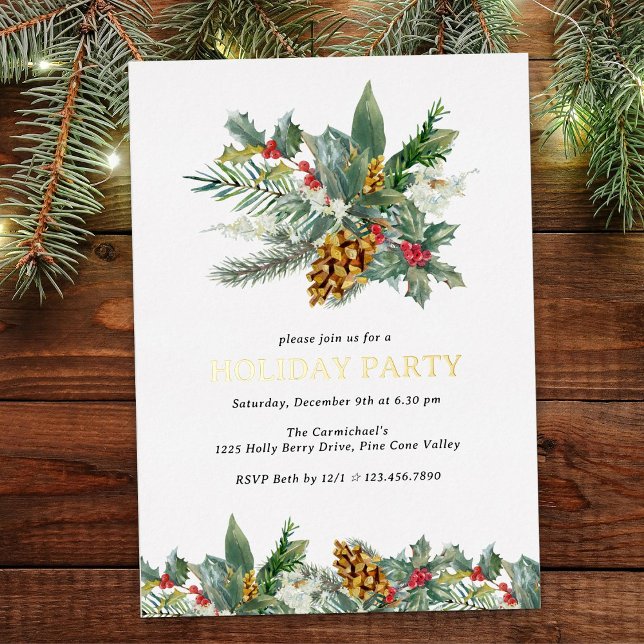 Holiday Party Holand Pine Cone Bouquet Gold Folieneinladung (Gold Foil Holiday Party invitation with holly and pine cones)