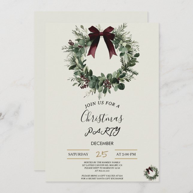 Holiday Party Invitation Elegant Christmas Wreath Einladung (Vorne/Hinten)