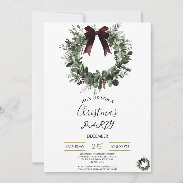 Holiday Party Invitation Elegant Christmas Wreath Einladung (Vorderseite)