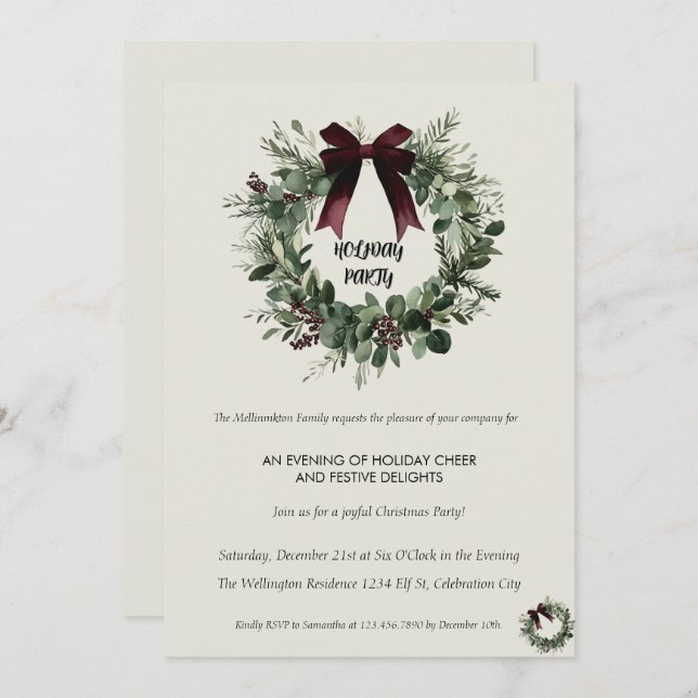 Holiday Party Invitation Elegant Christmas Wreath Einladung (Vorne/Hinten)
