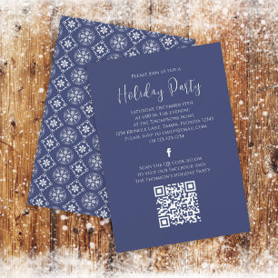 Holiday Party Navy Blue Snowflake QR Code Facebook Einladung