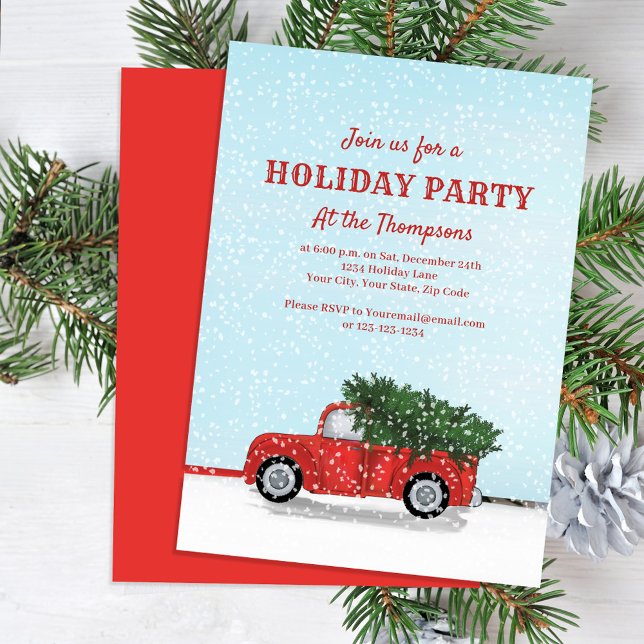 Holiday Party Red Truck Classic Custom Einladung (Holiday party invitation with classic red truck design.)