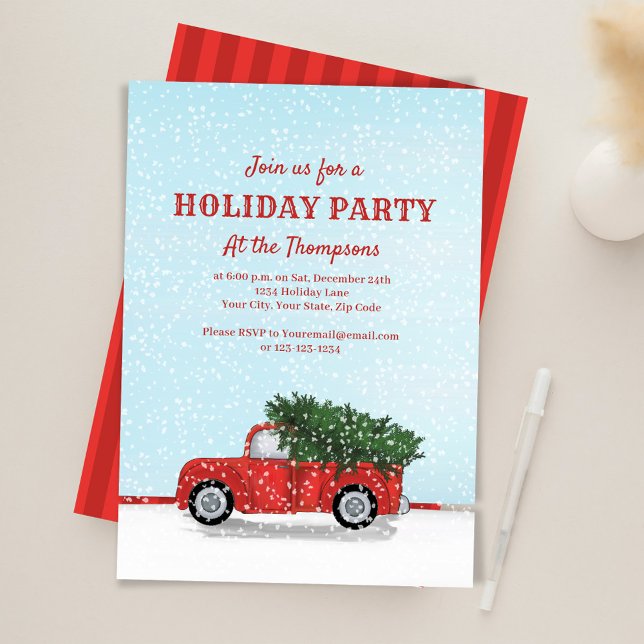 Holiday Party Red Truck Classic Custom Einladung (Red rustic truck custom Holiday party invitations.)