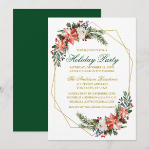 Holiday Party Watercolor Poinsettia Gold Green Einladung