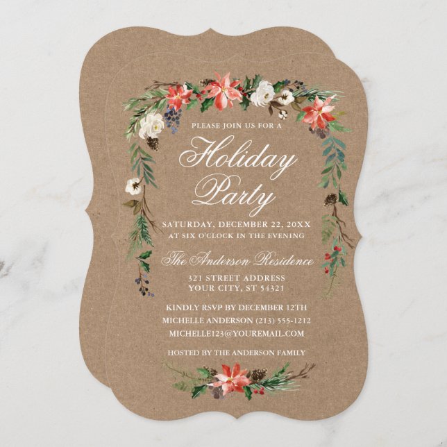 Holiday Party Watercolor Poinsettia Kraft Einladung (Vorne/Hinten)