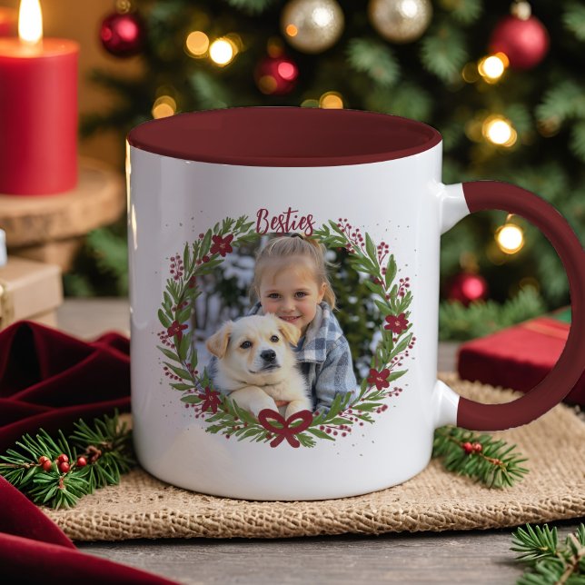 Holiday Photo Elegant Wreath Red Christmas Bow Tasse (Personalized holiday mug with your photos, hand-painted wreath, and festive red bow design.)