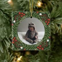Holiday Photo Festive Floral Ceramic Ornament