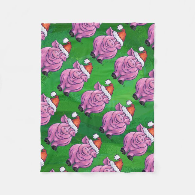 Holiday Pig in Weihnachtsmannmütze Pattern auf Grü Fleecedecke (Vorderseite)