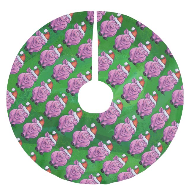 Holiday Pig in Weihnachtsmannmütze Pattern auf Grü Polyester Weihnachtsbaumdecke (Vorderseite)