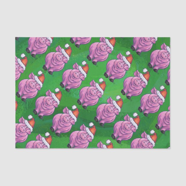 Holiday Pig in Weihnachtsmannmütze Pattern auf Grü Seidenpapier (Vorderseite)