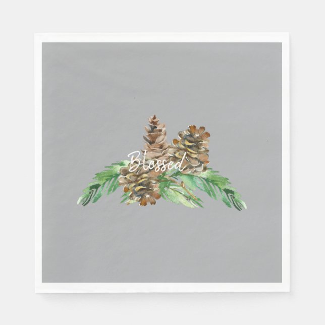 Holiday Pine Cone Foliage Gesegnet Gray Luncheon Serviette (Vorderseite)