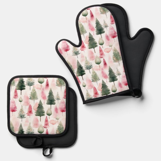 Holiday Pine Trees In Pink And Green Kitchen Ofenhandschuh & Topflappen-Set (Vorderseite/Rückseite)
