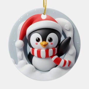 Holiday Pinguin Waving and Burning Out Keramik Ornament