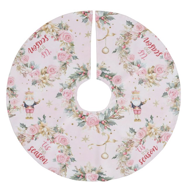 Holiday Pink Merry Nutcracker Beaux Custom Message Polyester Weihnachtsbaumdecke (Vorderseite)