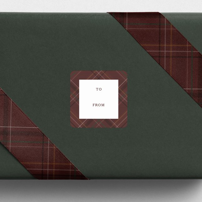 Holiday plaid maroon to and from Christmas gift Quadratischer Aufkleber (Von Creator hochgeladen)
