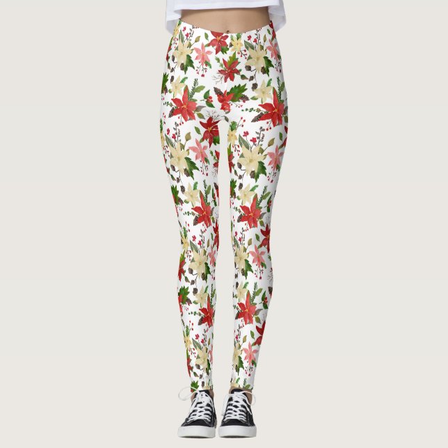 Holiday Poinsettia Holly Red Christmas Pattern Leggings (Vorderseite)