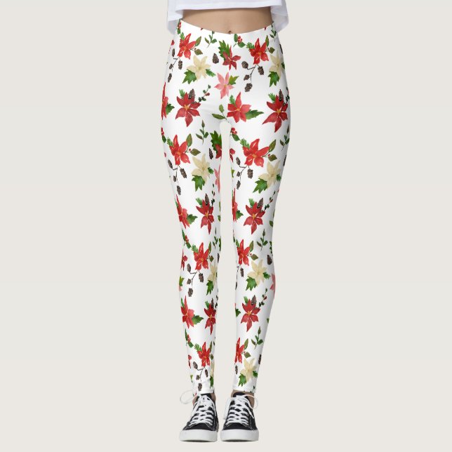 Holiday Poinsettia Red Floral Weihnachtsmuster Leggings (Vorderseite)
