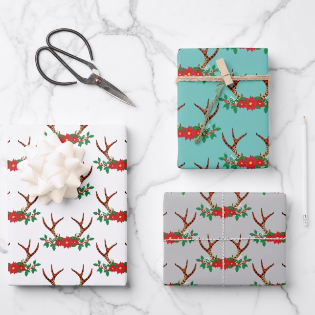 Holiday Poinsettia und Antler Geschenkpapier Set (Vorderseite)