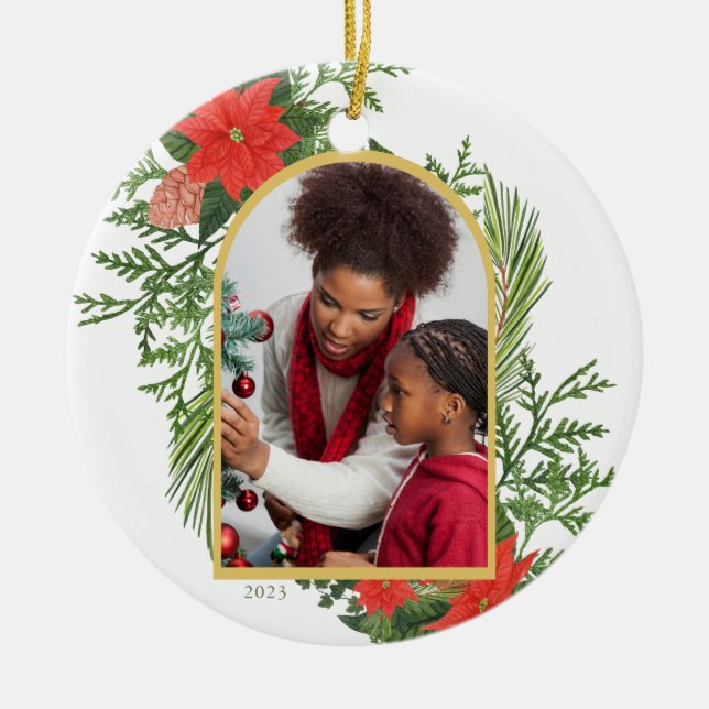 Holiday Poinsettia und Greenery Foto Keramik Ornament (Vorne)