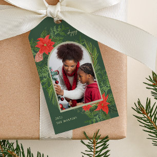 Holiday Poinsettia und Greenery Foto Weihnachten Geschenkanhänger