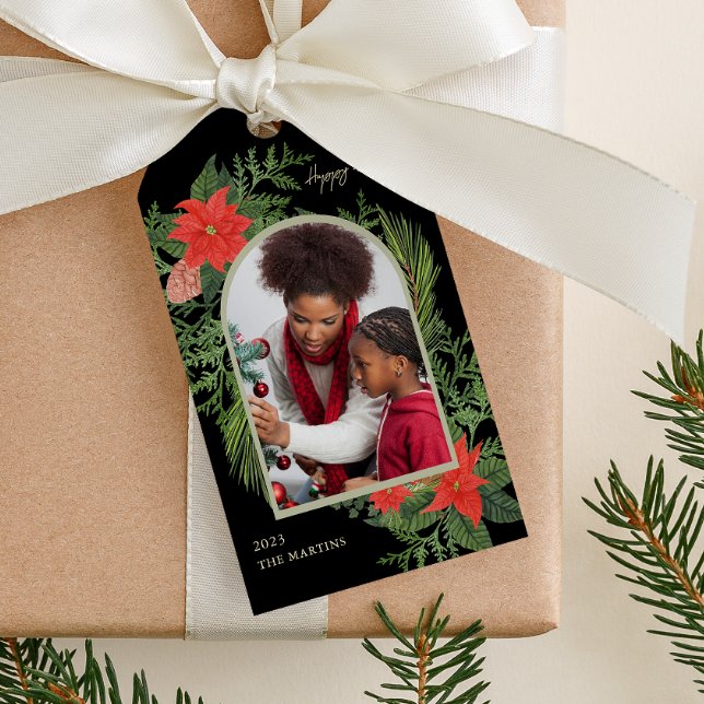 Holiday Poinsettia und Greenery Foto Weihnachten Geschenkanhänger (Von Creator hochgeladen)