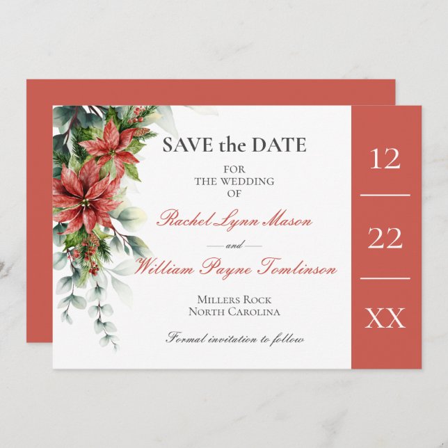 Holiday Poinsettia Wedding Save the Date Card Einladung (Vorne/Hinten)