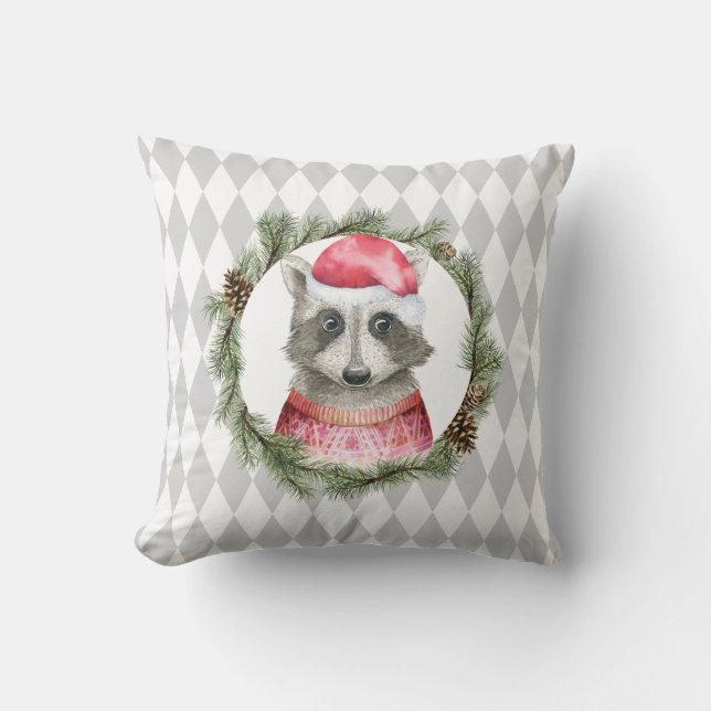 Holiday Raccoon und Pastel Gray Harlequin Muster Kissen (Vorderseite)
