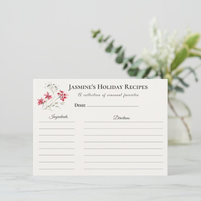 Holiday Recipe Card – Personalized Winter Floral D Ankündigung (Stehend Vorderseite)