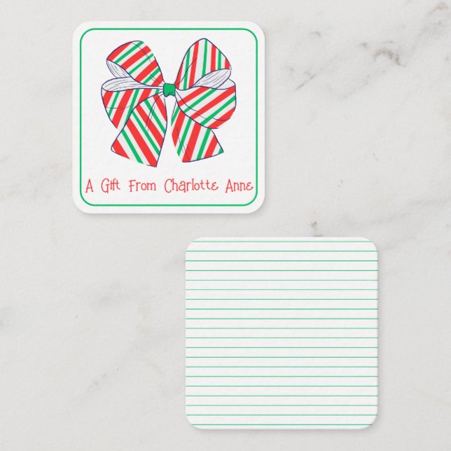 Holiday Red and Green Strip Bow Personalisiert Mitteilungskarte (Vorne/Hinten)