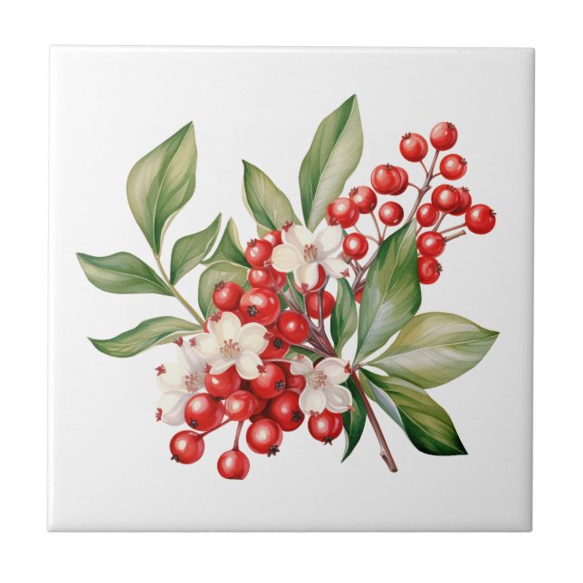 Holiday Red Berries Floral Ceramic Tile Fliese (Vorderseite)