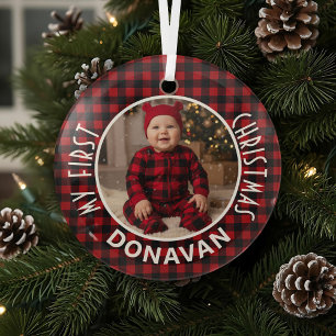 Holiday Red & Black Kariert First Christmas Custom Ornament Aus Glas
