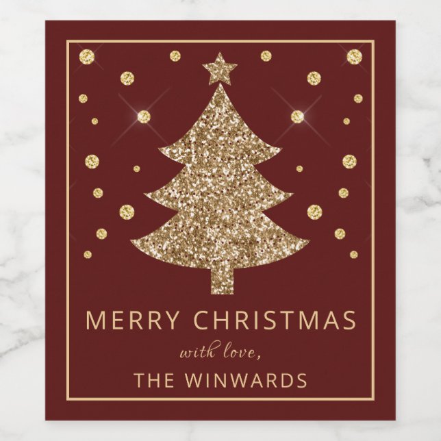 Holiday Red & Gold Glitzer Weihnachtsbaum Weinetikett (Einzelnes Label)