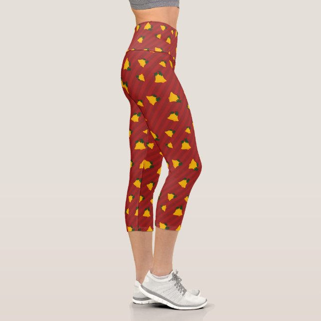 Holiday Red Gold Stripe Bells Christmas Capri Leggings (Rechts)