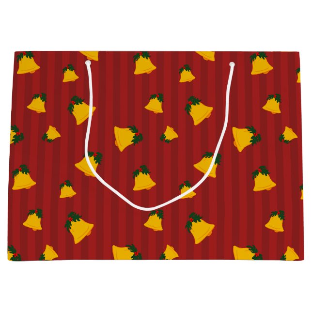 Holiday Red Gold Stripe Bells Christmas Große Geschenktüte (Vorderseite)