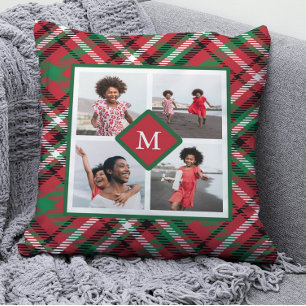Holiday Red Kariert Foto Collage und Monogram Kissen