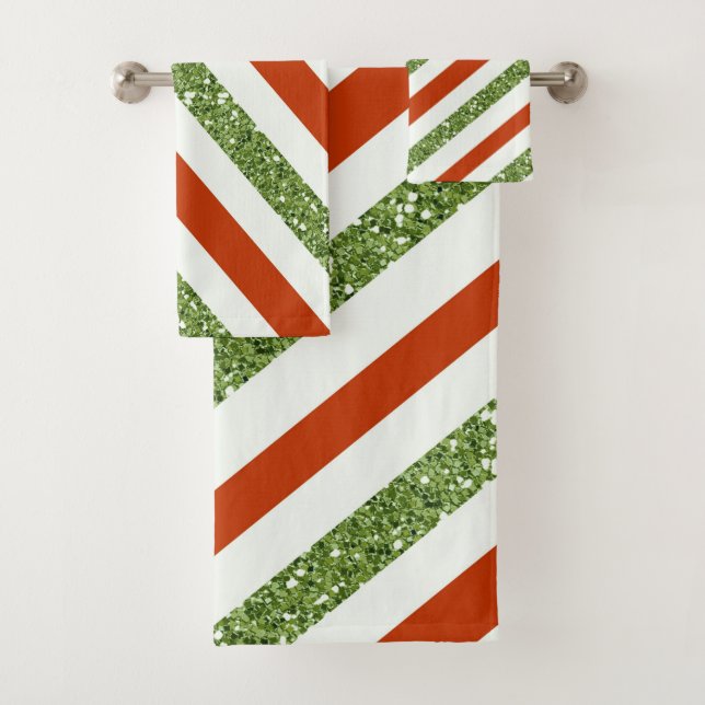 Holiday Red & Light Green Glitzer Streifen Badhandtuch Set (Insitu)
