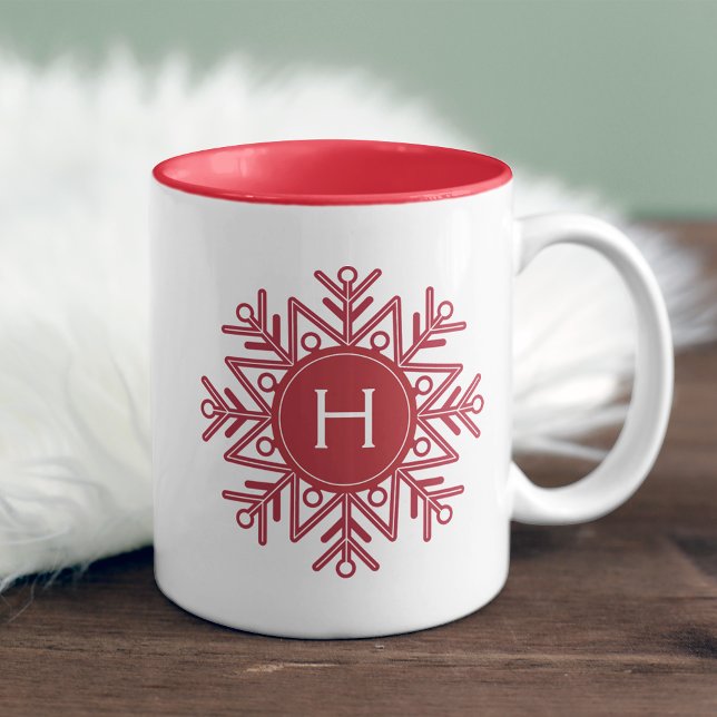 Holiday Red Snowflake Monogram Zweifarbige Tasse (Von Creator hochgeladen)