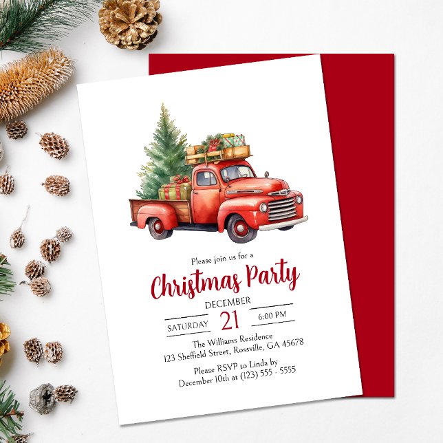Holiday Red Vintag Truck Weihnachts-Party Einladung (Delight your guests with our thoughtfully crafted red vintage truck Christmas party invitation.)