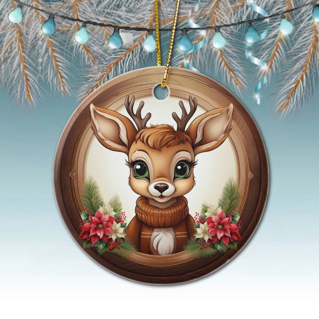 Holiday Reindeer Festive poinsettia flower 🦌🎄 Keramik Ornament (Holiday Reindeer Festive poinsettia flower Ceramic Ornament Cute Winter Woodland Wildlife Deer 🦌🎄)