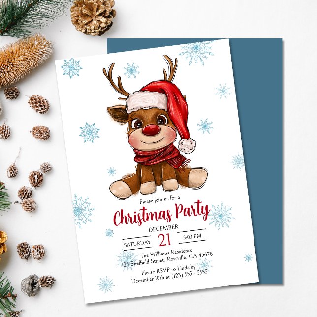 Holiday Reindeer Frohe Weihnachtsfeier Party Einla Ankündigung (Delight your guests with our thoughtfully crafted reindeer Christmas party invitation.)